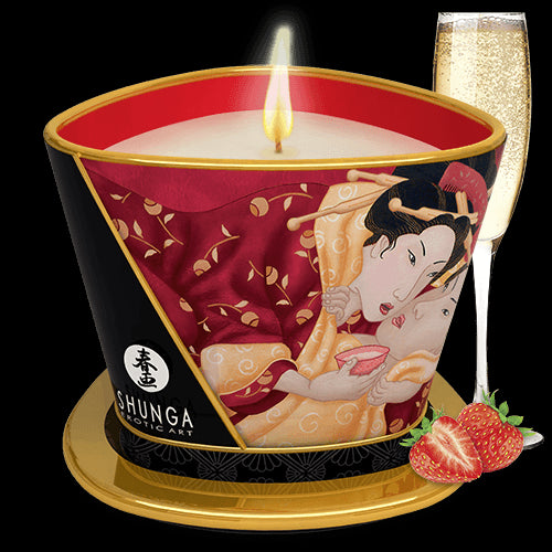 Bougie de massage lueur et caresses - Romance Vin pétillant à la fraise